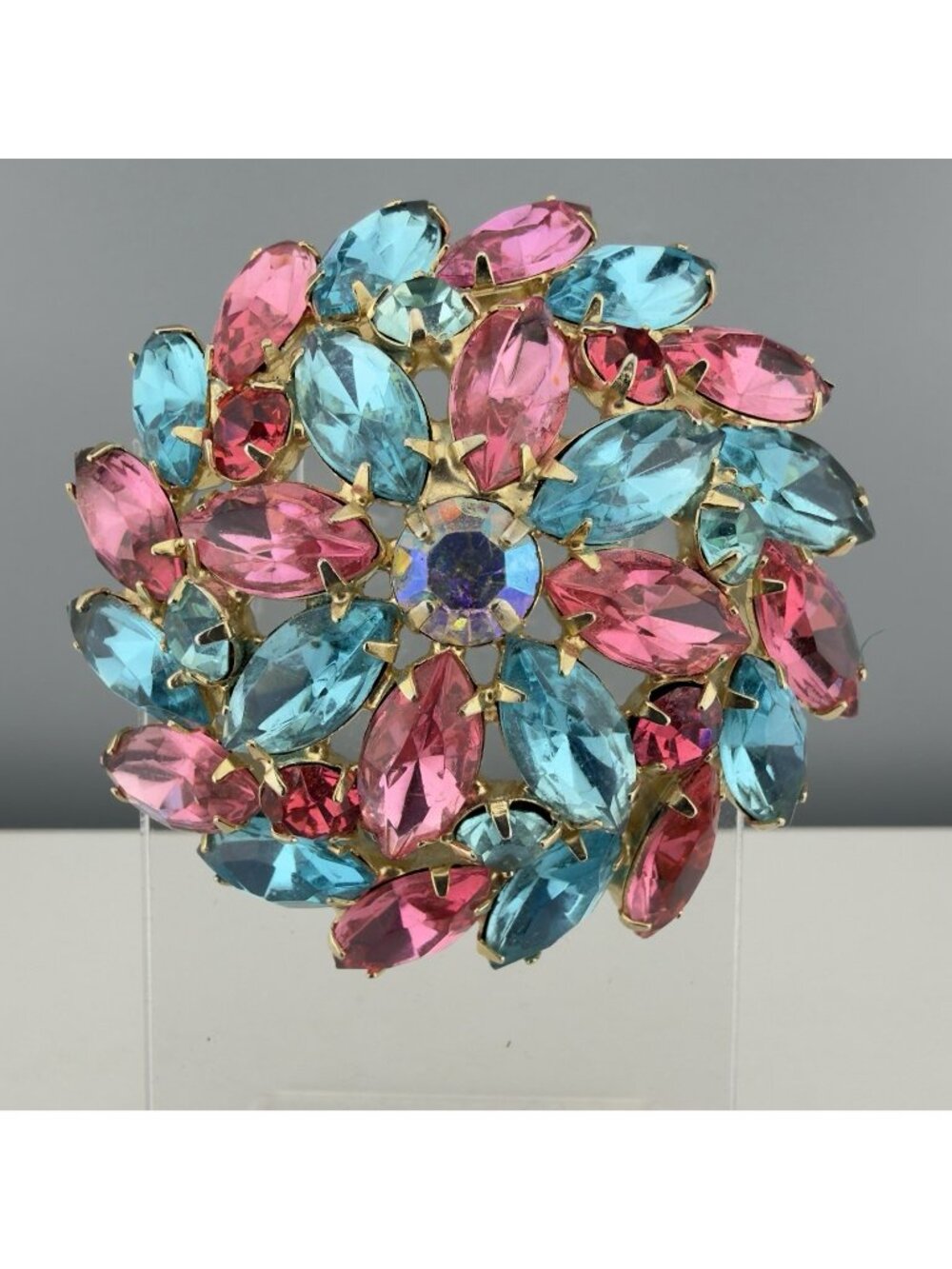 Vintage Pink Aqua Rhinestone Brooch AB Navette Crystal Floral Statement Pin